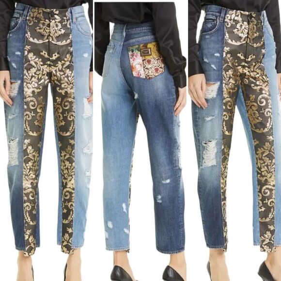 Dolce & Gabbana ~multi-distressed-brocade-relaxed-crop-jeans~missing brand patch - Picture 4 of 16